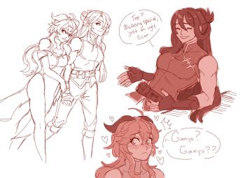 2girls bare_arms bare_shoulders beidou_(genshin_impact) blush character_name china_dress chinese_clothes closed_eyes closed_mouth couple dashingicecream dress english_text eyebrows eyelashes eyepatch unworn_eyepatch female_focus fingerless_gloves ganyu_(genshin_impact) genshin_impact gloves goat_horns grin hair_between_eyes hair_ornament heart highres holding_hands horns leaning_back long_hair looking_away multiple_girls nose_blush pale_skin pants reclining scar scar_across_eye scar_on_face shirt sleeveless smile speech_bubble teeth toned tool_belt tools white_background yuri