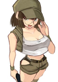 Rule 34 | belt, brown eyes, brown hair, crop top, field cap, fio germi, glasses, gun, hat, highres, knee pads, metal slug, military, ponytail, round eyewear, shorts, solo, tikuwabu 33, weapon, white background