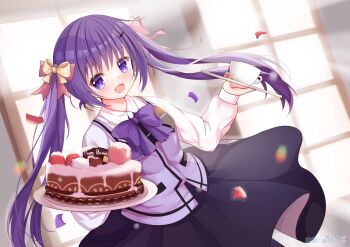 Rule 34 | 1girl, :d, absurdres, birthday cake, black skirt, blush, bow, bowtie, cake, collared shirt, commentary request, confetti, cowboy shot, cup, day, dual wielding, dutch angle, eyes visible through hair, floating clothes, floating hair, food, fruit, gochuumon wa usagi desu ka?, hair between eyes, hair bow, hair ornament, hairclip, hands up, happy, happy birthday, highres, holding, holding plate, indoors, kk0220, long hair, long skirt, long sleeves, looking at viewer, open mouth, pink bow, plate, purple bow, purple bowtie, purple eyes, purple hair, purple vest, rabbit house uniform, shirt, sidelocks, skirt, smile, solo, strawberry, sunlight, teacup, tedeza rize, twintails, very long hair, vest, white shirt, window, yellow bow