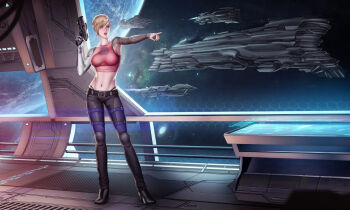 1girl advanced_ship_(eve_online) arm_tattoo armpits asymmetrical_bangs asymmetrical_hair audia_pahlevi bare_arms bare_shoulders battleship_(eve_online) belt black_belt black_pants black_shoes blonde_hair breasts capital_ship_(eve_online) carrier combat_ship_(eve_online) commentary commission creodron_(eve_online) crop_top cyborg damillia_seraph double_barrels duvolle_laboratories_(eve_online) electronic_warfare_ship_(eve_online) erebus_(eve_online) eve_online facial_tattoo federation_navy_(eve_online) fleet flying full_body grey_eyes gun hand_up handgun hexagon high_heels highres holding holding_gun holding_weapon hologram honeycomb_(pattern) in_orbit large_breasts linea_alba marauder_(eve_online) mechanical_arms megathron_(eve_online) midriff military_vehicle navel nebula nose nyx_(eve_online) open_mouth original outstretched_arm pants planet pointing pointing_to_the_side prosthesis prosthetic_arm roden_shipyards_(eve_online) scenery science_fiction shoes short_hair single_mechanical_arm solo space spacecraft spacecraft_interior standing star_(sky) starry_sky_background stomach super_capital_ship_(eve_online) supercarrier_(eve_online) support_ship_(eve_online) table tank_top tattoo tech_2_ship_(eve_online) teeth titan_(eve_online) weapon window