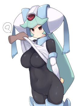 1girl absurdres arms_behind_back black_bodysuit bodysuit breasts cameltoe clothes_lift cowboy_shot disembodied_hand forehead_jewel green_eyes green_hair helmet highres large_breasts long_hair mega_man_(series) mega_man_zx model_w_(mega_man) pandora_(mega_man) r_(user_pzzt2437) red_eyes shirt_lift simple_background skin_tight solo_focus white_background white_helmet