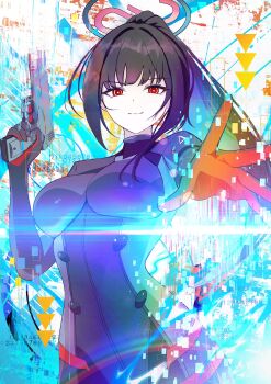 1girl absurdres black_bodysuit black_hair black_halo blue_archive bodysuit breasts commentary_request gun halo handgun highres himmel_gewalt holding holding_gun holding_weapon large_breasts long_hair multicolored_halo ponytail red_eyes red_halo rio_(armed)_(blue_archive) rio_(blue_archive) solo two-tone_halo weapon