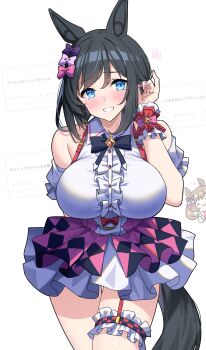 2girls ^_^ absurdres adjusting_hair animal_ears argyle_bow bare_shoulders black_bow black_bowtie black_hair blue_eyes bow bowtie breasts brown_hair center_frills center_opening closed_eyes commentary_request cosplay eishin_flash_(umamusume) frilled_thigh_strap frills hair_bow highres horse_ears horse_girl horse_tail kibihimi large_breasts layered_skirt leaning_forward looking_at_viewer multiple_girls multiple_hair_bows nail_polish pink_bow pink_bowtie pink_nails pink_skirt puffy_sleeves purple_bow request_inset short_hair skirt smart_falcon_(love_4ever)_(umamusume) smart_falcon_(umamusume) smart_falcon_(umamusume)_(cosplay) smile solo_focus suspender_skirt suspenders tail thigh_strap umamusume