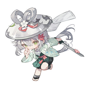 1girl ajirogasa anklet armband bamboo_print barefoot black_shorts bow-shaped_hair chibi chinese_commentary closed_mouth commentary_request crossed_bangs eyelashes fingers_to_cheek floating_clothes floating_hair flower green_eyes green_hakama green_jacket grey_hair grey_hat hair_between_eyes hair_flower hair_ornament hair_ribbon hair_through_headwear hakama hakama_short_skirt hakama_skirt haori hat high-waist_skirt highres holding holding_sword holding_weapon jacket japanese_clothes jewelry leg_up light_blush light_particles long_hair long_sleeves looking_at_viewer low_twintails luo_tianyi ninja pink_flower pink_ribbon print_jacket ribbon shirt shorts shorts_under_skirt simple_background skirt smile solo sparkle standing standing_on_one_leg sword twintails veil very_long_hair vocaloid vsinger_(vocaloid) weapon white_armband white_background white_flower white_shirt white_veil wide_sleeves yanshuangjun