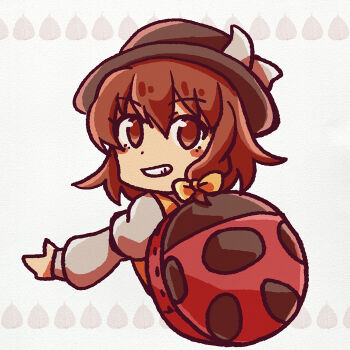 Rule 34 | 1girl, animal bag, backpack, bag, black hat, blush stickers, bow, brown eyes, brown hair, bug, grin, hair between eyes, hair bow, hat, hat bow, insect, ladybug, long sleeves, looking back, sanwa no jako (daikichi club), shirt, short hair, sleeve cuffs, smile, solo, touhou, usami renko, white background, white bow, white shirt, yellow bow