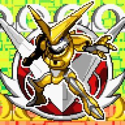 animated armor blue_eyes digimon evolution glowing horns omega_symbol omegashoutmon pixel_art shoutmon transformation video