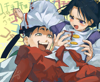 2boys :d absurdres black_hair blush clenched_hand constricted_pupils crazy_smile crying crying_with_eyes_open curtained_hair feet_out_of_frame furrowed_brow green_eyes hakama hakama_pants hat highres houjou_tokiyuki_(nige_jouzu_no_wakagimi) japanese_clothes kariginu legs_up lifting_person long_hair looking_at_another multiple_boys nige_jouzu_no_wakagimi onigiri_(vuhz5735) open_mouth pants purple_eyes red_hakama red_sash sash smile suwa_yorishige_(nige_jouzu_no_wakagimi) sweatdrop tate_eboshi tears teeth thick_eyebrows tickling tickling_sides upper_teeth_only v-shaped_eyebrows wide_sleeves yellow_background