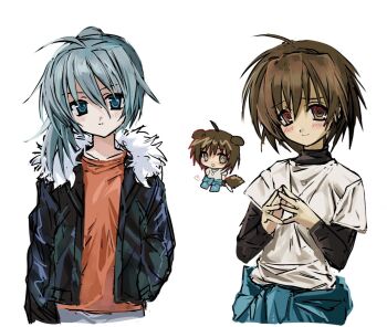 Rule 34 | 2000s (style), @ @, akira (togainu no chi), blue eyes, brown hair, chibi, commentary, fur-trimmed hood, fur-trimmed jacket, fur trim, genderswap, genderswap (mtf), grey hair, hair between eyes, hood, jacket, joral (jar of desire), keisuke (togainu no chi), long hair, long sleeves, orange shirt, red eyes, shirt, short hair, smile, t-shirt, togainu no chi, untranslatable commentary, upper body