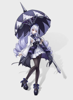 Rule 34 | 1girl, 7fan, absurdres, black pantyhose, black umbrella, breasts, chinese commentary, commentary request, dress, drill hair, frills, full body, gothic lolita, hairband, high heels, highres, holding, holding umbrella, lolita fashion, long hair, long sleeves, looking at viewer, pantyhose, parasol, pointy ears, red eyes, simple background, solo, tachi-e, twin drills, umbrella, vivian (mvv), white background, white dress, zenless zone zero