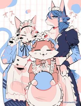 3boys :3 abstract_background animal_ears apron artist_name bell_bow blue_eyes blue_fur blue_hair body_fur bow braid cat_boy cat_ears cat_tail closed_eyes closed_mouth commentary_request cowboy_shot crossdressing dress folded_ear frilled_apron frills furry furry_male highres holding holding_plate limited_palette maid maid_apron maid_headdress multiple_boys one_eye_closed open_mouth original pawpads pink_fur plate puffy_short_sleeves puffy_sleeves short_sleeves smile standing tail tanitani0606 translated trap twitter_username unamused v