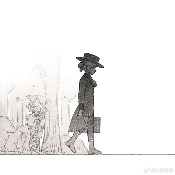 2girls animal_ears ascot boater_hat boots centauroid coat deer_ears deer_girl ear_tag faceless forest from_side full_body greyscale hair_bun highres holding holding_suitcase jessica_(reverse:1999) long_hair long_sleeves monochrome multiple_girls nature no_eyes ochano pants parted_lips profile reverse:1999 shirt short_hair single_side_bun sitting suitcase taur tree under_tree vertin_(reverse:1999) walking watermark weibo_watermark white_background