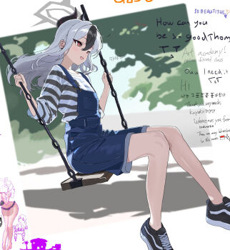 1girl :d alternate_costume alternate_hairstyle backlighting black_hair black_horns black_shoes blue_archive blue_overalls blush bright_pupils casual commentary_request cross-laced_shoes day demon_girl demon_horns double-parted_bangs ear_piercing earrings english_text floating_hair full_body grey_hair grey_halo hair_between_eyes hair_down halo hands_up happy highres horns jewelry kayoko_(blue_archive) knees_together_feet_apart long_hair long_sleeves looking_ahead multicolored_hair on_swing open_mouth outdoors overalls piercing red_eyes shirt shoes signallerc simple_background smile sneakers solo striped_clothes striped_shirt stud_earrings swing tsurime two-tone_hair w_arms white_pupils