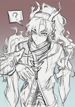 Rule 34 | 1boy, ?, absurdres, antlers, arknights, babu don (don 10 13), blue background, bracelet, chongyue (arknights), closed mouth, commentary request, dragon, dragon boy, dragon horns, gradient background, greyscale with colored background, hair between eyes, high ponytail, highres, horns, jacket, jewelry, long hair, long sleeves, male focus, monochrome, partially colored, pointy ears, ponytail, red background, simple background, sketch, solo, speech bubble, spoken question mark, very long hair, wide sleeves