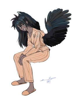 1girl arthurlogansdps bird_girl bird_wings black_eyes black_hair black_wings commentary_request dark-skinned_female dark_skin feathered_wings full_body highres korean_commentary long_hair looking_at_viewer orange_pajamas original pajamas simple_background sitting solo white_background wings