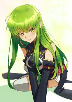 07nono06 1girl absurdres black_sleeves breasts c.c. code_geass detached_sleeves green_hair hair_between_eyes highres long_hair long_sleeves medium_breasts order_of_the_black_knights_uniform parted_lips short_shorts shorts solo straight_hair thighhighs white_background white_shorts white_thighhighs yellow_eyes