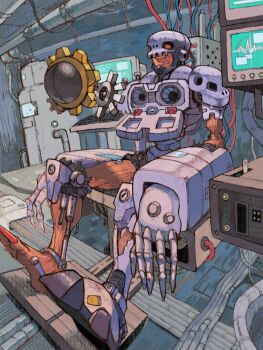 Rule 34 | 1boy, analog boy02, andromon, armor, cable, cardiogram, claws, cyborg, digimon, digimon (creature), exposed muscle, fang, fang out, floating, gears, hagurumon, half-closed eyes, highres, indoors, industrial pipe, laboratory, long toenails, looking at another, machine, male focus, mask, mechanical arms, monitor, non-humanoid robot, red eyes, robot, scar, scar on face, sharp toenails, sitting, skull mask, smile, toenails