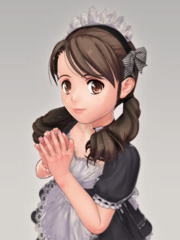 14rabbits 1girl 3d brown_eyes brown_hair choker doki_doki_little_ooya-san female_focus grey_background hairband long_hair looking_at_viewer maid solo twintails