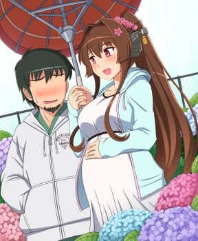 10s 1boy 1girl artist_self-insert bad_id bad_pixiv_id blush brown_hair chain-link_fence commentary_request dutch_angle fence flower hair_flower hair_ornament holding_hands hetero highres hydrangea jewelry kantai_collection long_hair oil-paper_umbrella outdoors ponytail pregnant red_eyes ring shin'en-san_(shin'en) shin'en_(gyokuro_company) short_hair smile umbrella very_long_hair yamato_(kancolle)