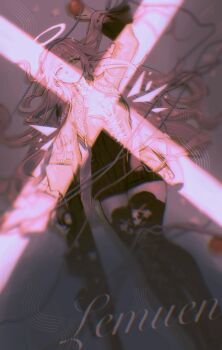 1girl absurdres arknights black_dress boots commentary_request dress gun halo highres holding holding_gun holding_weapon lace-up_boots lemuen_(arknights) long_hair lying on_back parted_lips pink_eyes pink_hair pink_halo pink_theme rifle sakiyo short_dress solo thigh_boots thighhighs weapon zettai_ryouiki