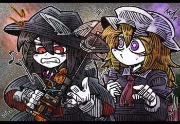 2girls angry ascot black_capelet black_hair black_hat black_skirt blonde_hair blush bow capelet collar dress frustrated hair_between_eyes hat hat_bow holding long_sleeves machine maribel_hearn medium_hair mob_cap multiple_girls musical_note necktie purple_dress red_ascot shirt short_hair skirt sleeve_cuffs suenari_(peace) touhou usami_renko white_bow white_collar white_hat white_shirt worried