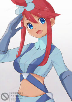 1girl :d aoneko4ao_(edwf7745) blue_eyes blue_jacket blue_shorts commentary cropped_jacket grey_background hair_between_eyes hand_up highres jacket navel nintendo one_side_up open_mouth pokemon pokemon_bw red_hair shorts sidelocks skyla_(pokemon) smile solo turtleneck turtleneck_jacket watermark