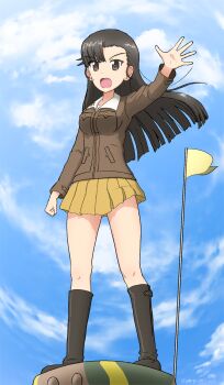 Rule 34 | 1girl, asymmetrical bangs, black boots, black hair, blue sky, boots, brown eyes, brown jacket, chi-hatan military uniform, cloud, cloudy sky, commentary request, day, flag, frown, full body, girls und panzer, haiiro purin, highres, jacket, knee boots, long hair, long sleeves, looking at viewer, military, military uniform, miniskirt, nishi kinuyo, open mouth, outdoors, pleated skirt, skirt, sky, solo, standing, straight hair, tank cupola, twitter username, yellow skirt