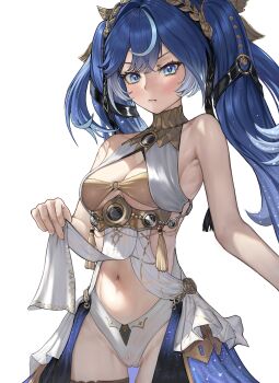 1girl absurdres ancient_greek_clothes bare_shoulders blue_eyes blush breasts cameltoe cleavage closed_mouth commentary cowboy_shot gold_bra greco-roman_clothes hair_belt highres iuno_(wuthering_waves) laurel_crown long_hair looking_at_viewer medium_breasts multicolored_hair navel pussy raziel_(artist) simple_background solo stomach streaked_hair thighs twintails white_background wuthering_waves