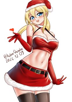 1girl absurdres alternate_costume belt black_belt black_thighhighs blonde_hair blue_eyes breasts cleavage commentary cowboy_shot dated elbow_gloves fur-trimmed_headwear fur-trimmed_skirt fur_trim gloves hat heart highres kantai_collection katou_shinobu large_breasts long_hair looking_at_viewer low_twintails midriff navel one-hour_drawing_challenge open_mouth prinz_eugen_(kancolle) red_gloves red_hat santa_costume simple_background skirt smile solo thighhighs twintails twitter_username white_background