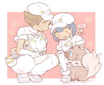 1boy 1girl 2016 :d aether_foundation_employee aether_foundation_employee_(female) aether_foundation_employee_(male) aether_foundation_uniform blue_hair bodysuit brown_hair newsboy_cap closed_mouth cutiefly dark-skinned_female dark-skinned_male dark_blue_hair dark_skin dated elbow_gloves gen_7_pokemon gloves hat holding holding_pokemon jumpsuit katiko motion_lines nintendo no_nose open_mouth orange_eyes pantyhose petting pink_eyes pokemon pokemon_(creature) pokemon_sm pouch rockruff short_hair short_jumpsuit short_sleeves smile squatting togedemaru twitter_username white_bodysuit white_footwear white_gloves white_headwear white_jumpsuit white_pantyhose