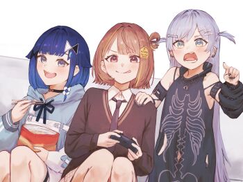 3girls arm_warmers bag_of_chips bare_shoulders black_choker black_nails black_necktie blue_hair blue_hoodie blue_nails bone_hair_ornament bra_strap brown_cardigan brown_eyes brown_hair cardigan choker chopsticks controller drawstring dress ear_piercing earrings gradient_hair grey_eyes grey_hair hair_flaps hair_intakes hair_ornament hair_rings hand_on_another&#039;s_shoulder highres holding holding_chopsticks holding_controller hood hoodie jewelry long_hair medium_hair multicolored_hair multiple_girls nail_polish necktie open_mouth overalls parted_bangs piercing pointing sendo_yuuhi shirt simple_background single_hair_ring sitting sleeveless sleeveless_dress strap_slip streaked_hair studded_armlet thigh_strap tied_drawstring tongue tongue_out torn_clothes tsubu_(kappunioyu562) tsumugi_kokage two_side_up virtual_youtuber vspo! water_drop_hair_ornament white_background white_eyes white_overalls white_shirt yano_kuromu yano_kuromu_(1st_costume)