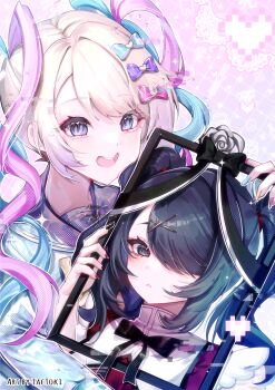 2girls :d absurdres ame-chan_(needy_girl_overdose) artist_name black_eyes black_hair black_nails black_ribbon blonde_hair blue_eyes blue_hair blue_nails blue_serafuku blue_shirt bow chouzetsusaikawa_tenshi-chan dual_persona flower flower_necklace gradient_hair hair_bow highres holding holding_picture_frame jewelry lei long_hair multicolored_hair multicolored_nails multiple_girls multiple_hair_bows nail_polish neck_ribbon necklace needy_girl_overdose open_mouth parted_lips picture_frame pink_hair pink_nails purple_hair quad_tails red_nails red_shirt ribbon school_uniform serafuku shirt smile tactoki twintails very_long_hair yellow_nails