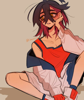 1boy absurdres black_hair blue_socks collarbone colored_inner_hair commentary_request crossed_bangs full_body gloves hand_on_own_face hand_on_own_foot highres jacket jacket_partially_removed kieran_(pokemon) knees_apart_feet_together looking_to_the_side male_focus messy_hair mole mole_on_neck multicolored_hair nintendo off_shoulder open_mouth partially_shaded_face pokemon pokemon_sv purple_hair red_gloves red_tank_top shorts signature single_glove sitting socks solo tank_top teeth tisanntisyou two-tone_hair upper_teeth_only white_jacket white_shorts yellow_eyes