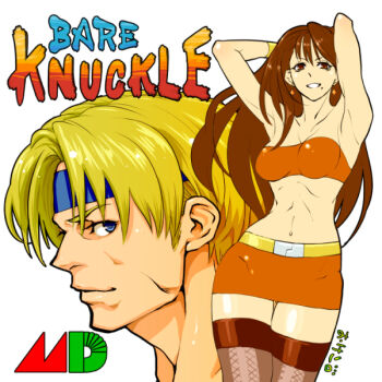 armpits arms_behind_head arms_up axel_stone bare_arms belt blaze_fielding blonde_hair blue_eyes blue_headband bra breasts brown_eyes brown_hair earrings english_text facing_to_the_side facing_viewer head_only headband jewelry legs_together lips logo long_hair looking_at_viewer mole mole_under_mouth navel neck nose okeko red_skirt red_tube_top short_sleeves skirt smile strapless strapless_bra streets_of_rage thighhighs title translation_request tube_top underwear upper_body white_background