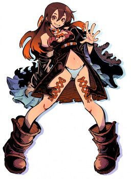 1girl absurdres amo_empool ankle_boots black_boots black_dress black_hair black_sleeves boots breasts commentary corset_piercing detached_sleeves dress floating_hair full_body gachiakuta grin hair_between_eyes hand_up highres horizontal_pupils large_breasts leg_piercing legs_apart long_hair looking_at_viewer navel orange_eyes orange_hair orange_ribbon orange_scarf panties ribbon scarf simple_background smile solo standing striped_clothes striped_scarf two-tone_scarf underwear vakodraws waving white_background white_panties white_scarf