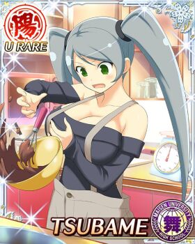 1girl bare_shoulders black_shirt border bowl breasts brown_shorts card_(medium) character_name chocolate chocolate_making cleavage dropped_object game_cg green_eyes grey_hair kitchen kitchen_scale large_breasts long_hair looking_down official_art open_mouth senran_kagura senran_kagura_new_wave shirt shorts solo surprised suspender_shorts suspenders swept_bangs third-party_source tsubame_(senran_kagura) twintails very_long_hair weighing_scale whisk