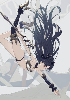 1girl absurdres arm_armor arm_warmers armlet asymmetrical_legwear asymmetrical_sleeves bikini black_hair breasts cleavage closed_mouth commentary_request detached_sleeves earrings elbow_gloves fate/grand_order fate_(series) gloves hair_ribbon heavenly_boat_maanna highres holding holding_weapon hoop_earrings ishtar_(fate) jewelry knee_armor long_hair long_legs mismatched_bikini navel neck_ring red_eyes ribbon single_arm_warmer single_detached_sleeve single_elbow_glove single_thighhigh solo swimsuit thighhighs tiara two_side_up uneven_legwear uneven_sleeves weapon yuutafunaki