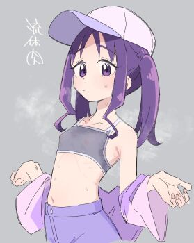 1girl baseball_cap breasts covered_erect_nipples grey_background hat hrgm kimi_to_idol_precure loli long_hair navel precure purple_eyes purple_hair shigure_kokoro sidelocks simple_background small_breasts sports_bra sportswear steam steaming_body twintails