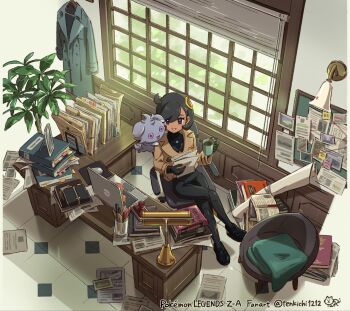1girl ahoge black_bodysuit black_hair bodysuit chair coat coffee_mug computer crossed_legs cup desk desk_lamp emma_(pokemon) espurr folder from_above gen_6_pokemon highres holding holding_paper lamp laptop mug nintendo office office_chair on_shoulder paper pokemon pokemon_(creature) pokemon_legends:_z-a pokemon_on_shoulder poten signature swivel_chair twitter_username unworn_coat window window_blinds