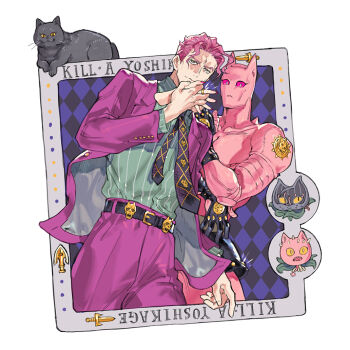 Rule 34 | 1boy, 1other, argyle clothes, argyle necktie, arrow (jojo), belt, belt buckle, black cat, buckle, cat, character name, closed mouth, commentary request, diamond wa kudakenai, formal clothes, holding hands, jacket, jewelry, jojo no kimyou na bouken, killer queen, kira yoshikage, lapels, nail polish, necktie, open clothes, open jacket, pants, pink eyes, pink nails, pinstripe pattern, pinstripe shirt, purple hair, purple pants, purple suit, ring, severed hand, shirt, shirt tucked in, short hair, stand (jojo), starshadowmagician, stray cat (jojo), suit, suit jacket