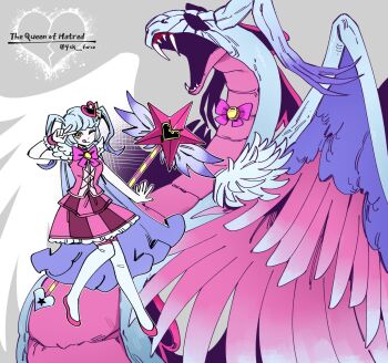 Rule 34 | 1girl, blue hair, bow, bowtie, dragon, fangs, feathered wings, force (4sk force), full body, grey background, hair ornament, heart, heart hair ornament, highres, lobotomy corporation, long hair, looking at viewer, magical girl, one eye closed, pink bow, pink bowtie, pink garter straps, pink shoes, pink skirt, pink vest, project moon, queen of hatred, shoes, simple background, skirt, snake, solo, standing, star wand, thighhighs, tongue, tongue out, two side up, vest, white thighhighs, winged wand, wings, yellow eyes