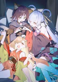 Rule 34 | 3girls, :d, absurdres, animal ears, bare shoulders, blonde hair, blue hoodie, brown eyes, cho kaguya-hime!, commentary request, crescent, crescent hair ornament, forehead jewel, fox shadow puppet, green eyes, hair ornament, hair rings, hair stick, highres, hood, hoodie, indoors, japanese clothes, kaguya (cho kaguya-hime!), kimono, long hair, long sleeves, looking at another, looking down, looking up, lop rabbit ears, lying, multiple girls, on back, open mouth, purple hair, rabbit ears, red kimono, runami yachiyo, sakayori iroha, sitting, smile, twintails, wako (1194433260), white hair, wide sleeves