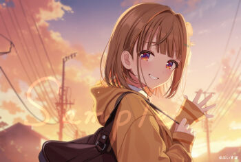 1girl bag black_bag brown_hair cloud cloudy_sky commentary_request copyright_notice from_side gradient_clothes grin hands_up hood hood_down hooded_jacket jacket official_art outdoors power_lines purple_eyes sample_watermark sendo_yuuhi sendo_yuuhi_(1st_costume) shigure_ui short_sleeves shoulder_bag sky smile solo sunset upper_body utility_pole virtual_youtuber vspo! watermark waving yellow_eyes yellow_jacket