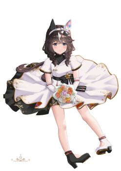 1girl animal_ears asymmetrical_footwear black_sweater blush bouquet braid braided_sidelocks breasts brown_hair closed_mouth commentary cstv curren_bouquetd'or_(umamusume) dress ear_covers flower full_body gloves grey_eyes hair_between_eyes hair_ornament hairband highres holding holding_bouquet horse_ears horse_girl horse_tail long_braid long_hair looking_at_viewer low_twin_braids mismatched_ear_covers mismatched_footwear simple_background smile solo sweater tail twin_braids umamusume white_background white_dress white_gloves white_streaks