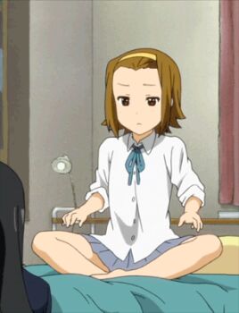 2girls akiyama_mio animated animated_gif arm_support barefoot bed black_hair blue_neckwear brown_eyes brown_hair collared_shirt dress_shirt feet forehead from_behind full_body furrowed_brow hairband head_out_of_frame indian_style indoors jacket jitome k-on! lamp long_hair long_sleeves looping_animation lowres multiple_girls neck_ribbon on_bed open_mouth out_of_frame pillow pleated_skirt ribbon sakuragaoka_high_school_uniform school_uniform screencap shirt sidelocks sitting skirt sleeves_rolled_up standing tainaka_ritsu teeth toes untucked_shirt upper_teeth_only yellow_hairband