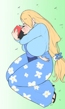1boy 1girl absurdres age_difference ash_ketchum blonde_hair blue_shirt blue_skirt breasts closed_eyes hannyasan highres hug huge_breasts kiss long_hair nintendo onee-shota original pokemon pokemon_(anime) shirt size_difference skirt thick_thighs thighs