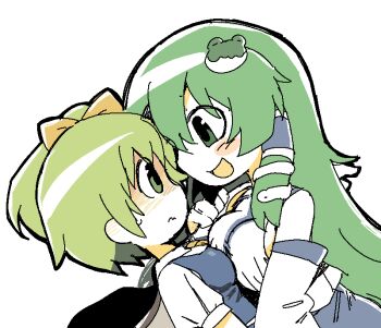 2girls asymmetrical_docking bare_shoulders blue_skirt blue_vest blush blush_stickers bow bowtie breast_press breasts closed_mouth collared_shirt commentary cowboy_shot daiyousei detached_sleeves english_commentary eye_contact eyes_visible_through_hair face-to-face fairy fairy_wings frog_hair_ornament green_eyes green_hair grey_wings hair_between_eyes hair_bow hair_ornament hair_tubes hand_on_own_shoulder happy heads_together kochiya_sanae kokum0tsu large_breasts long_hair long_sleeves looking_at_another multiple_girls nervous nontraditional_miko open_mouth puffy_short_sleeves puffy_sleeves shadow shirt short_hair short_side_ponytail short_sleeves sideboob simple_background single_blush_sticker single_hair_tube single_sidelock skirt sleeveless sleeveless_shirt small_breasts smile snake_hair_ornament sweatdrop touhou very_long_hair vest wavy_mouth white_background white_shirt white_sleeves wings yellow_bow yellow_bowtie