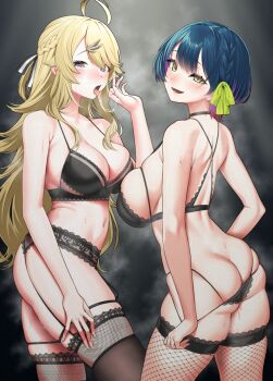 2girls ahoge ass back black_bra black_choker black_hair black_panties black_thighhighs blonde_hair blush bra braid breasts butt_crack choker commentary_request fishnet_thighhighs fishnets gishu green_ribbon hair_ribbon large_breasts long_hair looking_at_viewer multiple_girls nijisanji panties panty_pull ribbon smile thighhighs todo_kohaku tongue tongue_out underwear underwear_only very_long_hair virtual_youtuber yamagami_karuta yellow_eyes