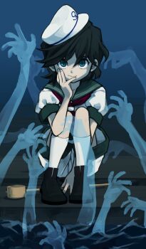 1girl absurdres anchor_symbol black_hair black_shoes disembodied_hand full_body ghost_hands gradient_background green_eyes hand_on_own_cheek hand_on_own_face hat highres knees_up ladle looking_at_viewer matoi_(matoi_y) murasa_minamitsu neckerchief red_neckerchief shirt shoes short_hair shorts sitting smile socks solo touhou white_hat white_shirt white_shorts white_socks