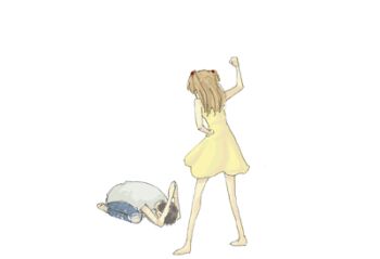 1boy 1girl angry apologizing barefoot black_hair denim dogeza dress femdom ikari_shinji jeans long_hair lowres lrk neon_genesis_evangelion orange_hair pants prostration raised_fist short_hair simple_background skirt souryuu_asuka_langley sundress torn_clothes torn_jeans torn_pants white_background yellow_dress yellow_skirt