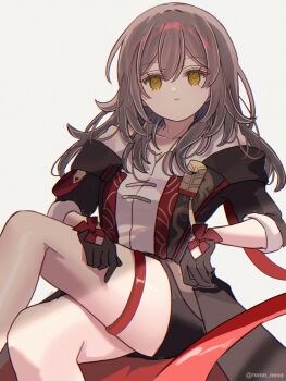 Rule 34 | 1girl, black coat, black gloves, chinese clothes, closed mouth, coat, commentary request, feet out of frame, gloves, grey hair, highres, honkai: star rail, honkai (series), knee up, long hair, official alternate costume, ronm nena, shirt, simple background, sitting, smile, solo, stelle (honkai: star rail), stelle (vim and vigor) (honkai: star rail), thigh strap, thighs, trailblazer (honkai: star rail), twitter username, white background, white shirt, yellow eyes